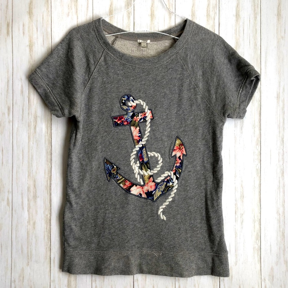 J. Crew Gray Floral Anchor Nautical Sweatshirt Tee